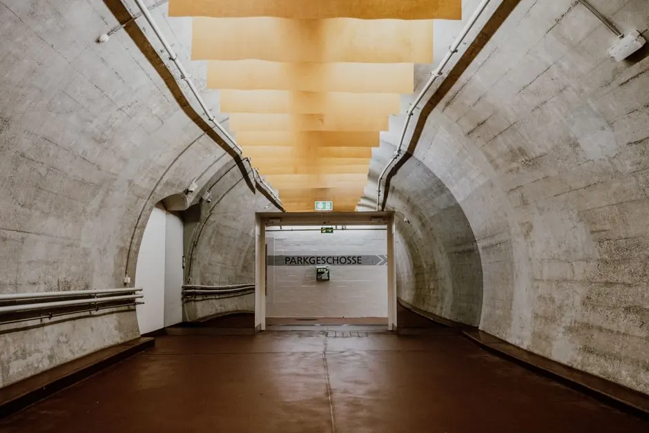 Concrete underground passage with modern lighting in Zurich, Switzerland.
